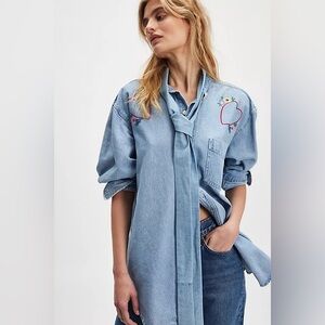 FREE PEOPLE x Tricia Fix Embroidered Denim Tie Top NWT Oversized